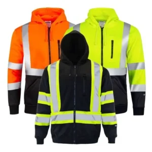 3 custom hi vis safety jackets orange, yellow and black