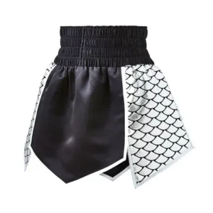 black and white custom boxing shorts with white background