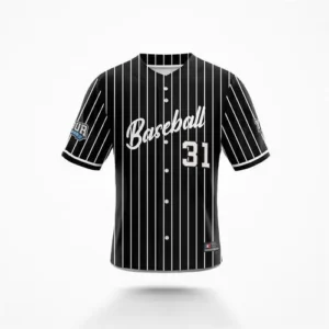 black sublimated custom baseball uniform with white background