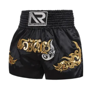 custom black golden printing boxing shorts with white background