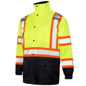 custom hi visibility yellow long safety coat black bottom with white background