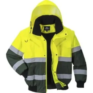 custom hi visibility yellow performance safety jacket black bottom quilt inside with white background