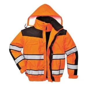 custom orange hi visibility reflective safety jacket with white background