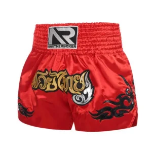 custom red sublimated bjj boxing shorts brand name on it with white background