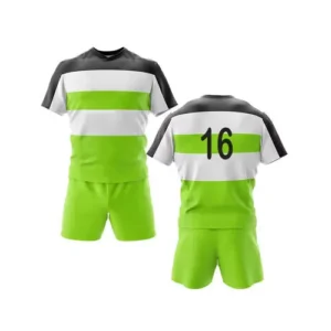 custom rugby uniform light green and white team number on back with white background