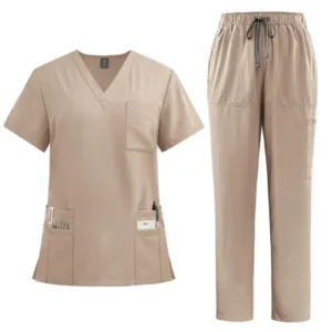 a pair of beige scrubs and pants on a white background