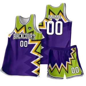a purple and green basketball uniform player number on front