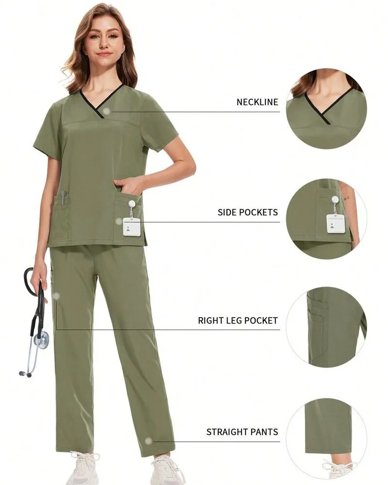 female wearing custom olive medical scrub suit
