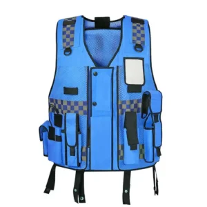 heavy duty contrast utility custom blue safety vest with white background