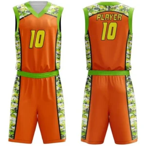 a basketball uniform with a green and yellow sublimated design