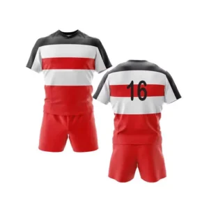 red and white custom sublimated rugby uniform with white background
