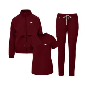 red medical custom scrub suit and jacket set