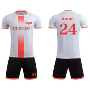 white and black sublimated soccer uniform fully customized logo and team name on front player name on back with white background