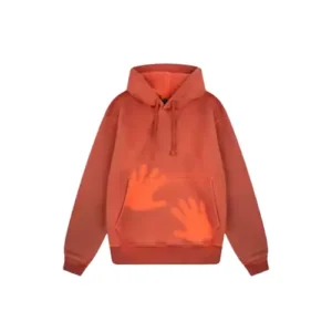 A burnt orange pullover hoodie featuring a creative graphic on the front that looks like glowing orange handprints from a thermal heat map.
