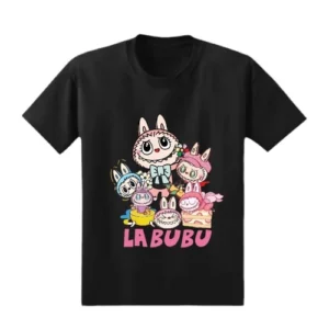 A black short-sleeved t-shirt featuring a vibrant pink and white cartoon character dtf print on the front.