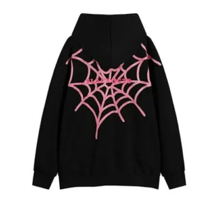 The back view of a black hoodie featuring a large, vibrant pink spider web screen print graphic covering the entire back area.