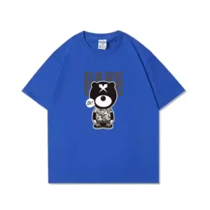 A solid royal blue t-shirt with a small white minimalist character logo dtf printing on the center chest.
