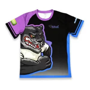 A customized sports t shirt in black and purple with a large angry panther illustration printed on the front.