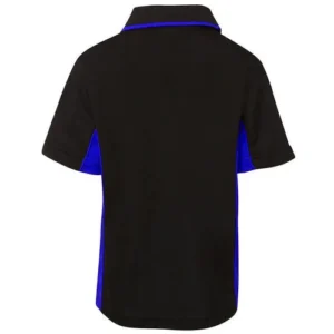 The back view of a black polo shirt with bright blue contrast panels on the sleeves and a blue-lined collar.