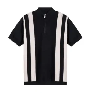 A trendy black short-sleeved polo shirt with two broad white vertical stripes on the front and a silver zipper.