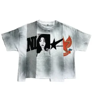 cut and sew light grey oversized t-shirt featuring a large black and white portrait screen print graphic with stars and red accents.