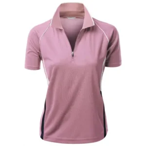 A light pink women's athletic polo shirt with a zipper collar and white contrast stitching on the sleeves.