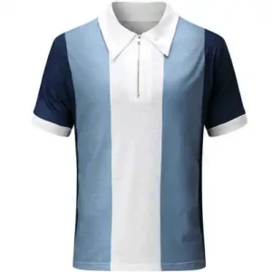 A stylish polo shirt with a white collar and zipper, featuring a light blue center panel and dark navy blue side panels and sleeves.