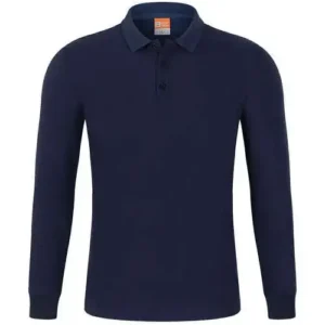 A simple and professional navy blue long-sleeved polo shirt with a standard three-button placket and ribbed cuffs.