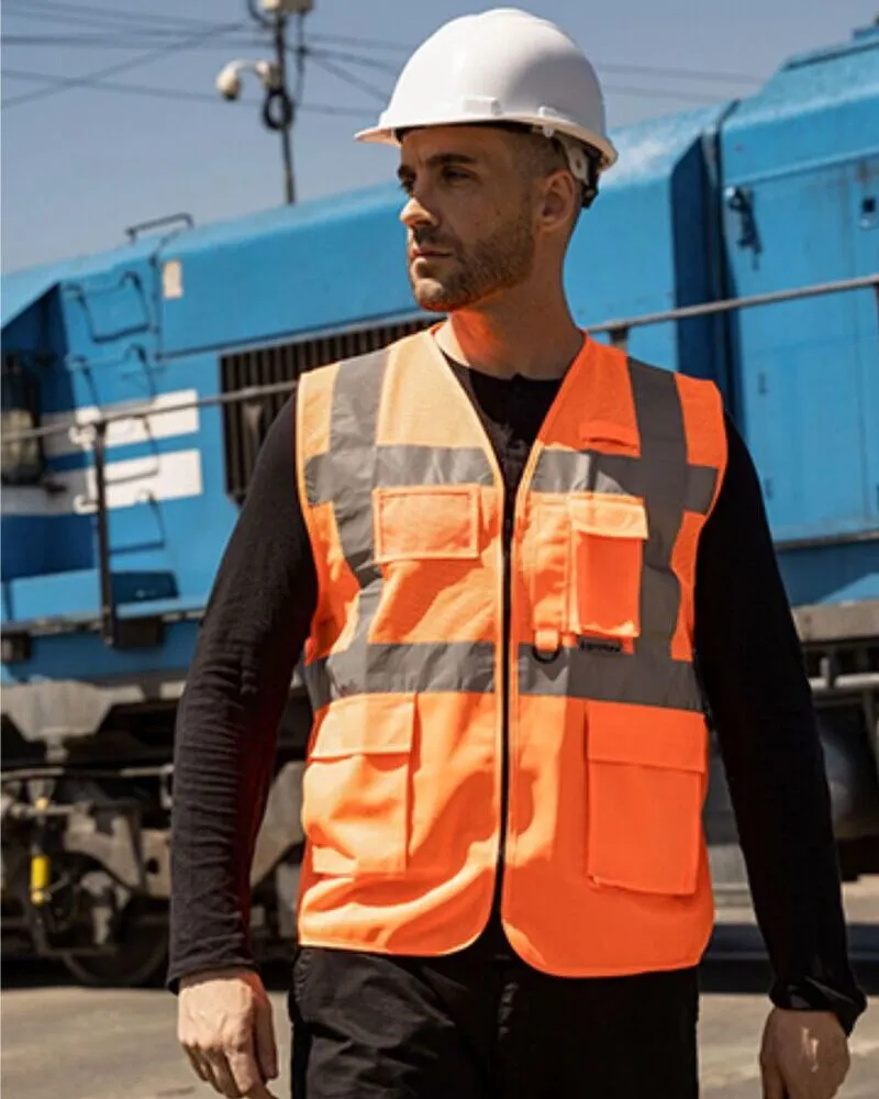 male wearing custom hi vis orange safety vest