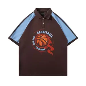 A brown short-sleeved polo shirt with light blue sleeves and a circular basketball graphic printed on the chest.