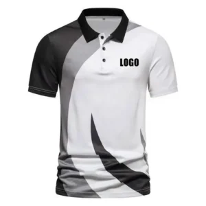 A white performance polo shirt featuring a stylish grey wave-like graphic on the front and a black collar.