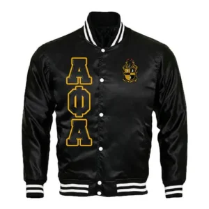 black satin varsity jacket yellow embroidery logo on front