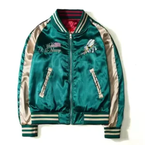 green and golden custom varsity jacket front pockets