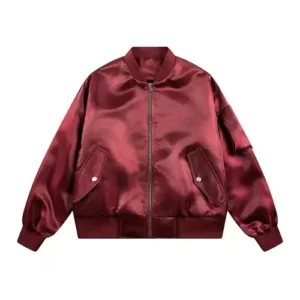 dark red zipper satin varsity jacket