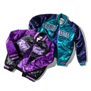 black and purple satin varsity jackets embroidery logo on front