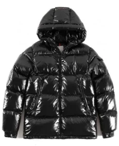 Women Black Puffer Jacket in Shine Fabric