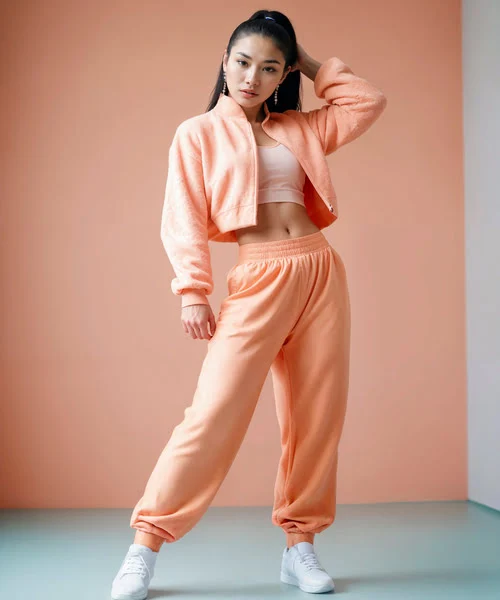 Women Wearing Peach Color Custom Tracksuit